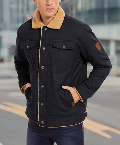 MAGNIVIT Men's Warm Jacket Sherpa Winter Botton Down Fur Collar Trucker Jacket Black