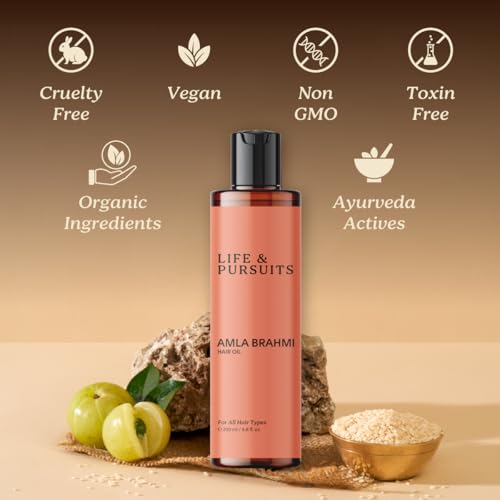 Life & Pursuits Amla Brahmi Hair Oil for Hair & Scalp Health - 6.8 Oz Natural, Indian Ayurveda Oil for Healthy & Shiny Hair | Coconut, Castor, Sesame, Triphala, Gotukola