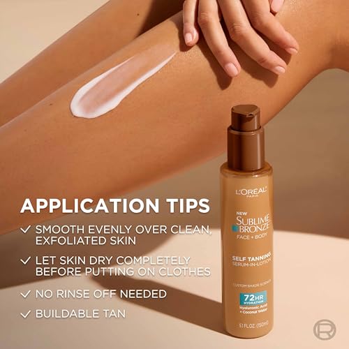 L'Oreal Paris Sublime Bronze Hydrating Self Tanning Serum-In-Lotion, Self Tanner for Face and Body with Coconut Water and Hyaluronic Acid, Provides Natural-Looking Color & 72 HR Hydration, 5 Fl Oz