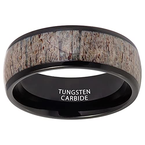 Tungsten King High Polished Domed Black Ion-Plated Real Deer Antler Inlay Ring Comfort Fit Tungsten Carbide 8mm Wedding - Anniversary Band - s9.5