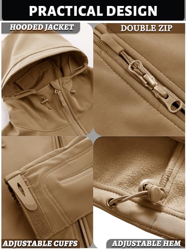 TACVASEN Waterproof Jacket for Men's Snowboard Special Ops Military Tactical Soft Shell Rain Jacket Warm Ski Coats with Hood Hiking Sand XL
