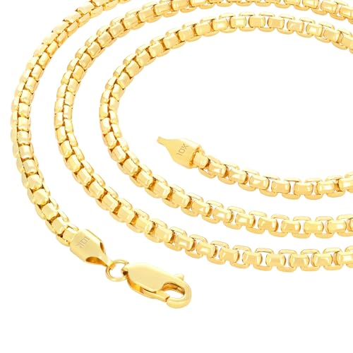 Nuragold 10K Real Yellow Gold Round Box Venetian Link Chain Necklace - 1.5mm,22"