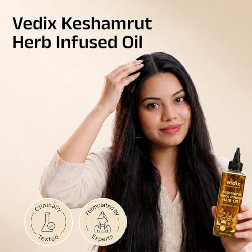Vedix Keshamrut Herbs Infused Ayurvedic Hair Oil With Bhringraj, Amla & Rosemary I Control Hair Fall & Boost Hair Growth I 16+ Whole Herbs, Leaves & Flowers I No Mineral Oils & Chemicals (Pack of 3)