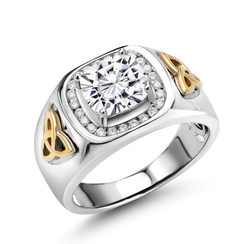 Gem Stone King 925 Silver and 10K Yellow Gold Men's Lab Grown Diamond Set with Ring Cushion Moissanite (2.66 Cttw, Size 10)