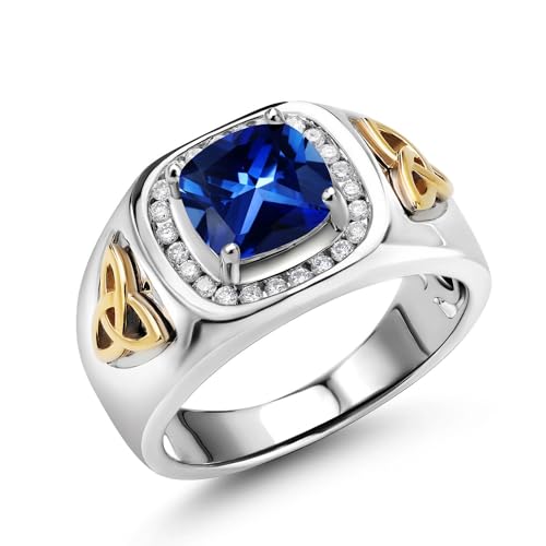 Gem Stone King Men's 925 Silver and 10K Yellow Gold Blue Created Sapphire and White Lab Grown Diamond Ring (2.76 Cttw) | Size 10