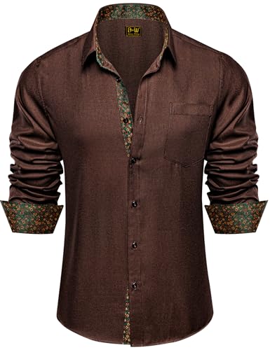 Barry.Wang Linen Brown Button Up Shirt Men Textured Breathable Long Sleeve Casual Contrast Floral Wedding Dress Business Formal