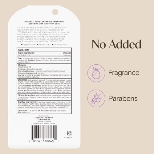 Aveeno Baby Continuous Protection Mineral Sunscreen Stick for Sensitive Skin with Broad Spectrum SPF 50 Protection for Face & Body, Naturally Sourced 100% Zinc Oxide, Travel Size, 0.47 oz