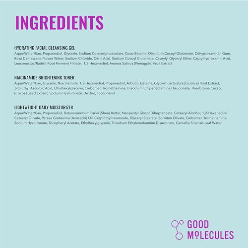 Good Molecules Cleanse, Tone & Moisturize Skincare Set – Hydrating Facial Cleansing Gel (200ml), Niacinamide Brightening Toner (120ml) & Lightweight Daily Moisturizer (100ml)