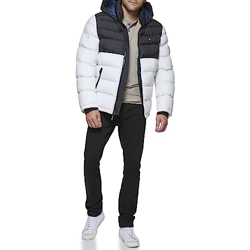 Tommy Hilfiger Men's Hooded Puffer Jacket, Black/White 2 Tone, X-Large