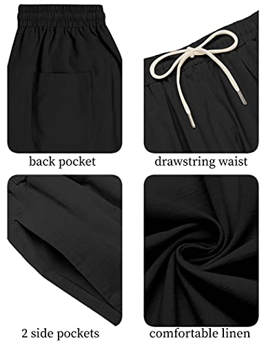 COOFANDY Men's Cotton Linen Harem Pants Drawstring Casual Cropped Trousers Lightweight Loose Beach Yoga Pants with Pockets Black