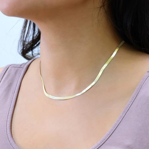 Nuragold 14K Real Yellow Gold Herringbone Chain Flexible Necklace (3mm-7mm) - 3mm,18"