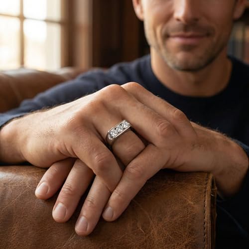 P3 POMPEII3 Pompeii 1 1/2ct Diamond Three Stone Mens Wedding Ring in 14k White or Yellow Gold - Size 11