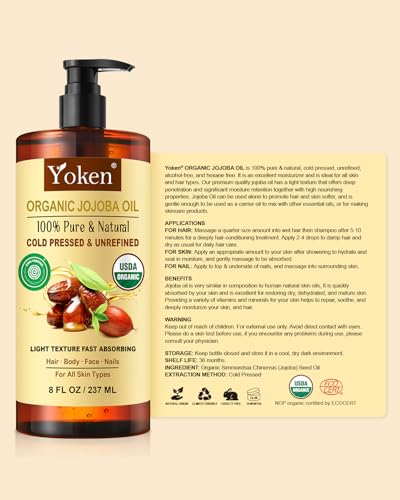 Yoken Organic Jojoba Oil 8oz, USDA Certified Pure for Hair, Skin Care