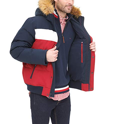 Tommy Hilfiger Men's Arctic Cloth Quilted Snorkel Bomber Jacket, Navy/White/Red, Medium