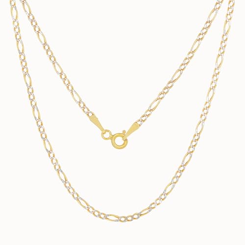 Nuragold 10k Real Yellow Gold Figaro Link Pave Diamond Cut Chain Necklace - 20",2mm