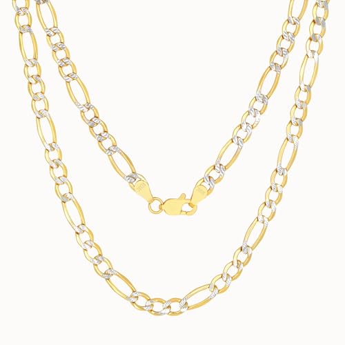 Nuragold 10k Real Yellow Gold Figaro Link Pave Diamond Cut Chain Necklace - 22",4.5mm