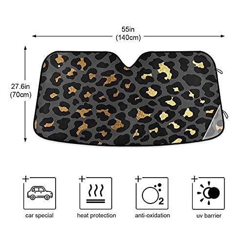 Black Gold Leopard Skin Car Windshield Sun Shade Foldable Luxury Auto Front Window Sunshade, Accordion Folding Sun Visor Shield Protector Blocks UV Rays for SUV Trucks 55x27.6 inch
