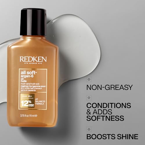 Redken Hair Oil, With Argan -6 Oil & Moisture Complex, Adds Softness and Boosts Shine, For Dry & Brittle Hair, Deeply Conditions and Moisturizes, All Soft Argan-6 Oil, 3.7 fl.oz.