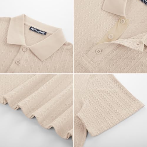 PJ PAUL JONES Textured Polo Shirt for Men Casual Knit Short Sleeve Polo T Shirt Summer Casual Knitted Shirts Apricot L