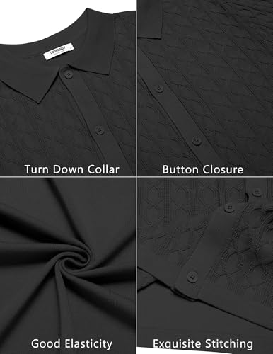 COOFANDY Mens Casual Waffle Knit Shirts Button Up Short Sleeve Shirts Beach Summer Wedding Dress Shirt Loose Fit Shirts Black