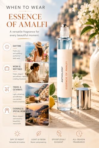 Anthology Essence of Amalfi Perfume Oil Roll-On for Women – Mediterranean Citrus Fragrance with Lemon, Green Apple & Cedarwood – Alcohol-Free Travel Rollerball 9ml