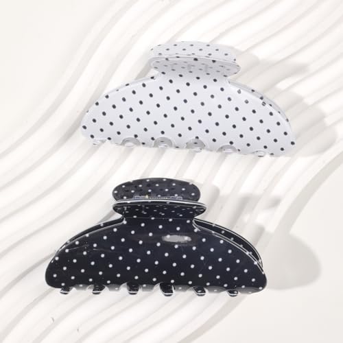 2 Acetate Hair Claw Clip for Women, 3.8-Inch Black and White Polka Dot Big Hair Clips Strong Hold No Slip Claw Clips for Thick or Thin Hair
