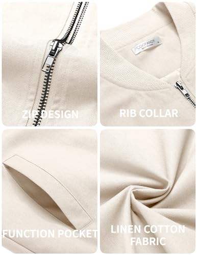 COOFANDY Mens Casual Lightweight Cotton Jacket Fashion Flight Linen Bomber Varisty Jacket With Pockets Beige, X-Large