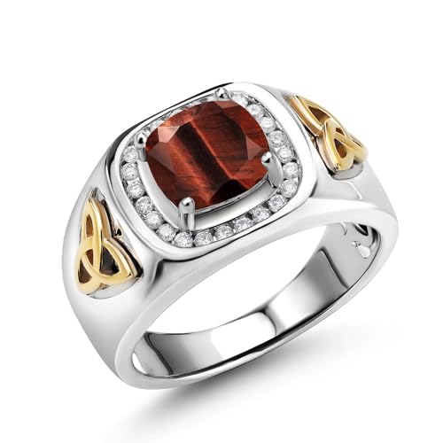 Gem Stone King 2.26 Ct Red Tiger Eye and Lab Grown Diamond Men's Ring | 925 Silver and 10K Yellow Gold | Cushion Cut 8MM | Gemstone Birthstone | Available in Size 7, 8, 9, 10, 11, 12, 13 | Size 9
