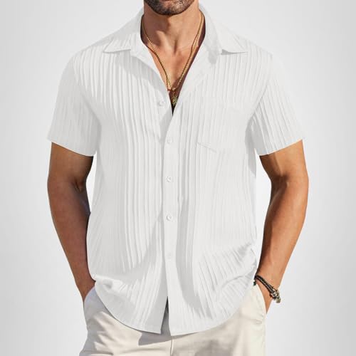 COOFANDY Button Down Shirt Men Short Sleeve Shirt Button Up Shirts for Men Linen Shirts for Men Summer Beach Shirt A-White