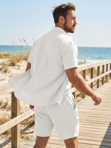 JMIERR Men Beach Sets 2 Piece Short Sleeve Summer Outfits 7 inch 2026 Quiet Luxury Sets Tracksuit with Pockets, 3XL, White