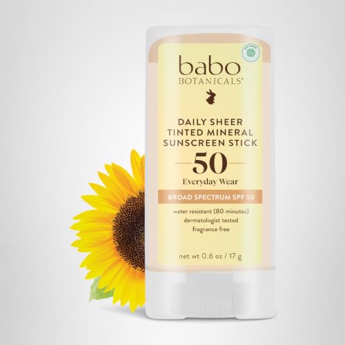 Babo Botanicals Daily Sheer Mineral Tinted Sunscreen Stick SPF50 - Natural Zinc Oxide - For Face - For all ages - EWG Verified - Water Resistant - Fragrance-Free