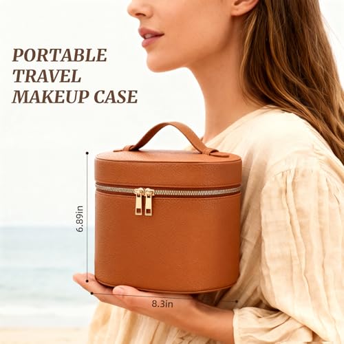 MaqSacion Makeup Bag Vanity Case for Women Leather Cosmetic Bag Makeup Organizer Case Portable Travel Toiletry Bag With Removable Compartments and Handle - Brown