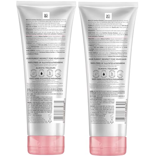 L’Oreal Paris Sulfate Free Glossing Shampoo and Conditioner Set with Glycolic Acid, Provides Intense Glass Shine & Smoothness, Suitable for Dull, Dry, and Color-Treated Hair, EverPure, 13.6 Fl Oz Set