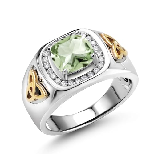 Gem Stone King 2.31 Ct Green Prasiolite and Lab Grown Diamond Men's Ring | 925 Silver and 10K Yellow Gold | Cushion Cut 8MM | Gemstone Birthstone | Available in Size 7, 8, 9, 10, 11, 12, 13 | Size 7