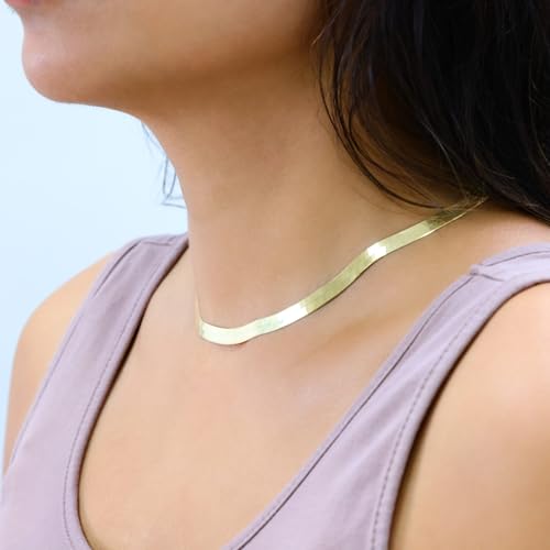 Nuragold 10K Real Yellow Gold Herringbone Chain Flexible Necklace (3mm-9mm) - 16",6mm