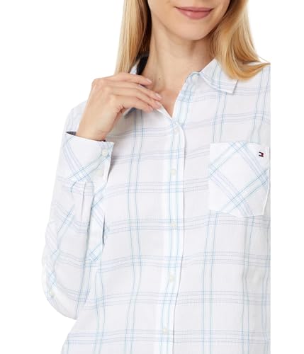 Tommy Hilfiger Women's Shirt Pebble Plaid Roll Tab Bright White Multi L