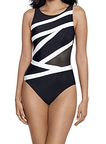 Miraclesuit Women's Swimwear Spectra Somerpointe Shelf Bra One Piece Swimsuit, Black/White, 10