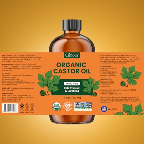 Cimouy USDA Organic Castor Oil Glass Bottle16oz,Vegan,EWG Verified 100%Pure