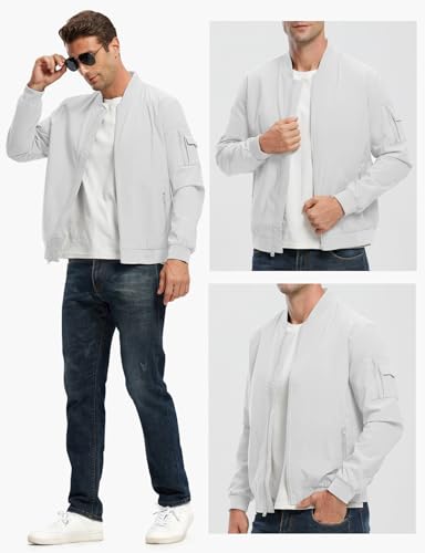 Rdruko Men's Lightweight Bomber Jacket Casual Stylish Fashion Coat Windbreaker(Sliver White, US XXL)