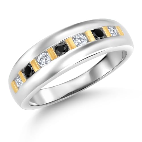 Gem Stone King White Lab Grown Diamond and Black Diamond Wedding Band Ring for Men | 925 Sterling Silver and 10K Yellow Gold | 0.46 Cttw | Round 2.5MM | Size 11
