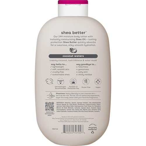eos Shea Better Body Lotion Coconut Waters, 24-Hour Moisture Skin Care, Lightweight & Non-Greasy, Natural Shea, Vegan, Coconut Body Lotion, 16 fl oz