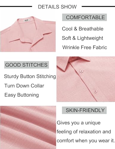 COOFANDY Men's Beach Shirts Short Sleeve Casual Shirt Summer Linen Button Up Shirts Pink