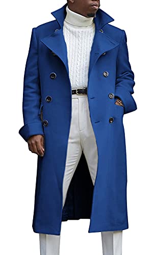 chouyatou Men's British Style Double Breasted Heavyweight Mid Long Wool Pea Coat (Medium, Blue)