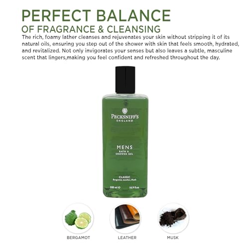 Pecksniff's Men's Luxurious Moisturizing Bath & Shower Gel | Luxury Shower Fougere Scent with Bergamot, Leather, Lavender | Mens Shower Gel | Invigorating Classic Scent, 500ml