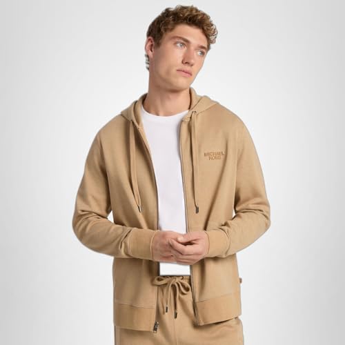 Michael Kors Men's Tufted Logo Full Zip Hoodie, Dark Camel Melange, L