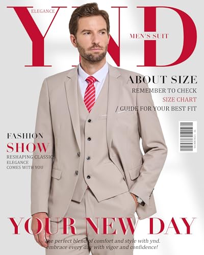 YND Men's 3 Piece Suit Set with Tie, 2 Button Slim Fit Solid Blazer Jacket Vest Pants, Business Wedding Party Suits for Men, Deep Grey