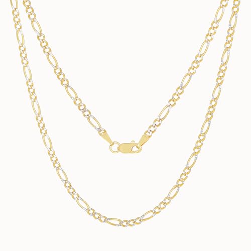 Nuragold 14k Real Yellow Gold Figaro Link Pave Diamond Cut Chain Necklace - 20",2.5mm