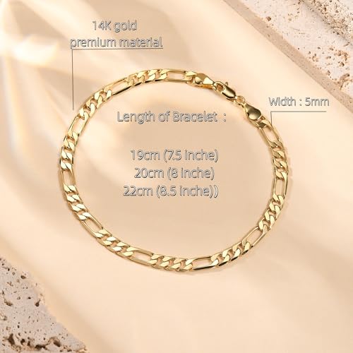 LUCA SMITH Gold Bracelets for Women & Men 14K Gold Figaro Bracelet 7.5in