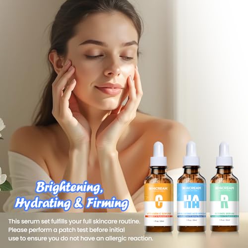 Hicream Face Serum Set - Vitamin C Serum, Hyaluronic Acid & Retinol with Hydrating, Brightening & Firming Skin, Anti-aging Skin Care Set for Women, Targets Fine Lines & Dark Spots, 1 Fl Oz (Pack of 3)
