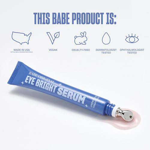 BABE ORIGINAL Eye Bright Under Eye Serum, Eye Serum for Dark Circles & Puffiness, Brightening & Hydrating Eye Treatment for Fine Lines, Peptides, Bakuchiol & Niacinamide, Cooling Metal Applicator